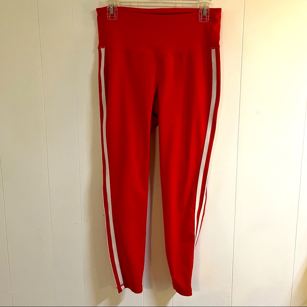 Red white stripes track sporty workout leggings high waisted ankle length